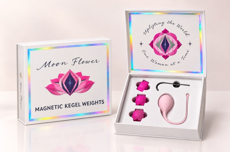 Yoni Time Moon Flower Magnetic Kegel Weights gift box with holographic foil, shown closed and open